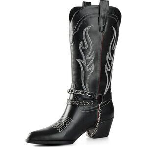 ⚡Women Black Faux Leather Chain Point Toe Chunky Heel Embroidered Pull on Boots